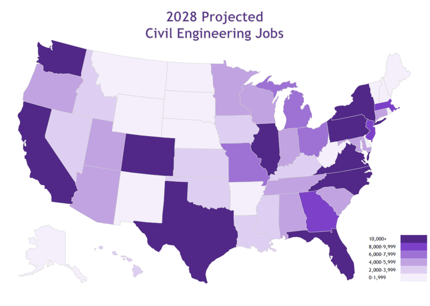 us map showing projected civil engineering job distribution in 2028